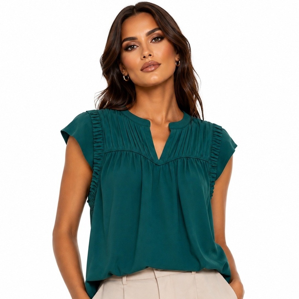 Les Serein Ravyn Blouse Teal Green Pleated V-Neck Ruffle Cap Sleeve Top Size M